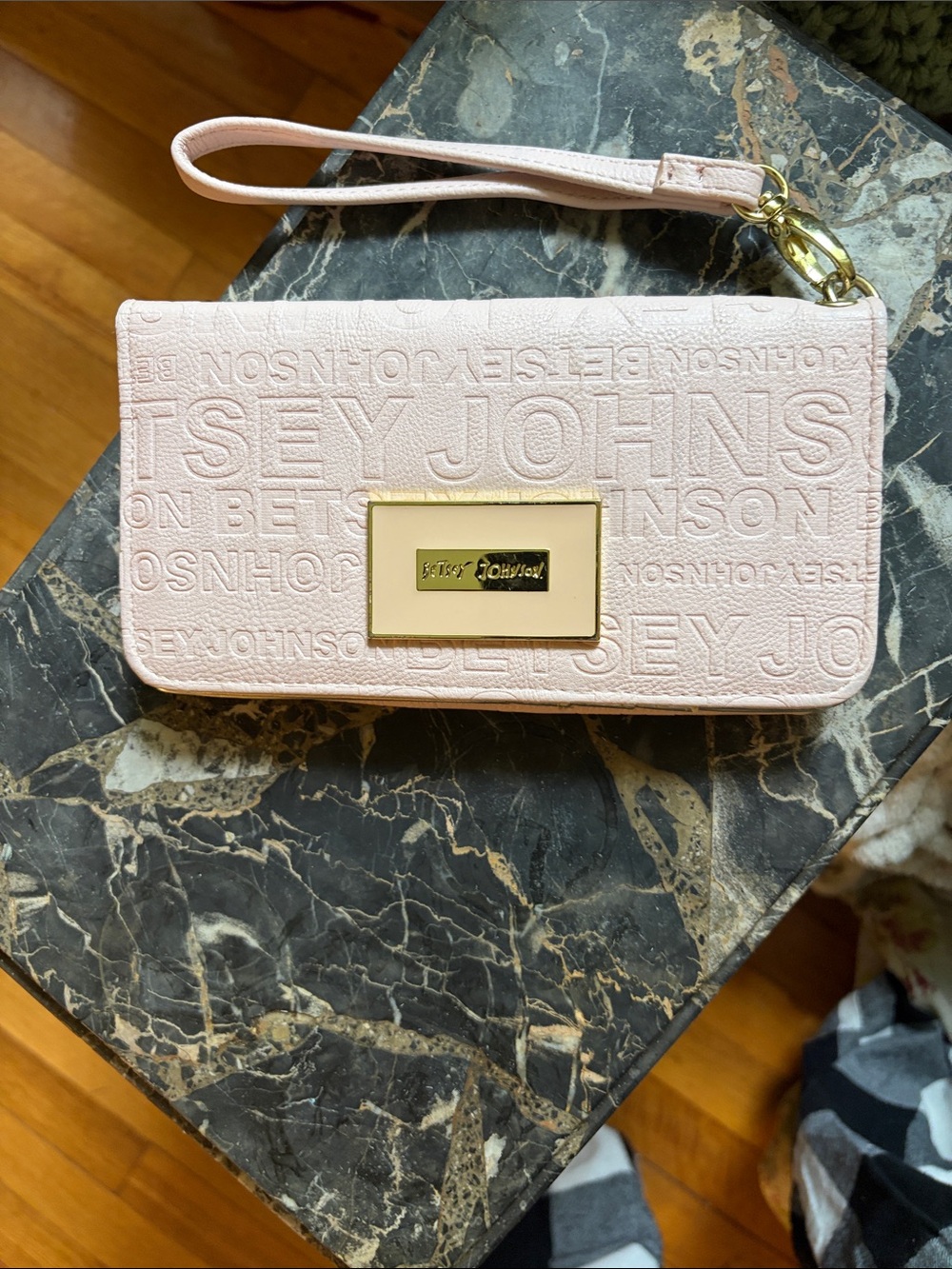 Betsey Johnson Light Pink Embossed Wristlet with Gold Plate